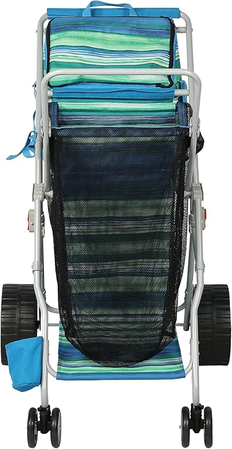 Beach Cart with Big Wheels for Sand, Collapsible All-Terrain Beach Wagon with Cooler Bag & Umbrella Holder, Large Mesh Storage, Supports 100lbs for Camping, Outdoor, Shopping, Dark Blue Stripes