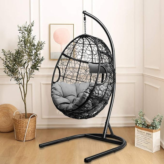 Giantex Hanging Egg Chair, 36.5-Width Oversized Swing Chair with C-Hammock Stand Set, Hammock Chair with Soft Seat Cushion & Pillow, Multifunctional Hanging Chairs for Outdoor Indoor Bedroom (Gray)