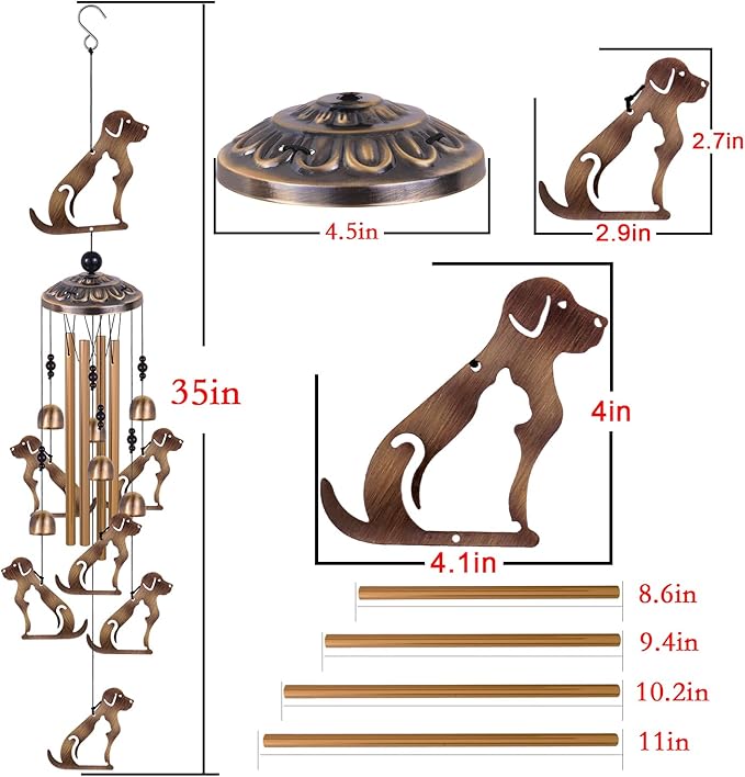 Bronze Dogs Wind Chimes for Home, Garden, Balconies, Rooms, Patio, Indoor, Outside Decor, Memorial Wind Bells, Retro Wind Catcher, Outdoor Blessing Wind Chime Gifts for Mom, Women, Grandma, Family