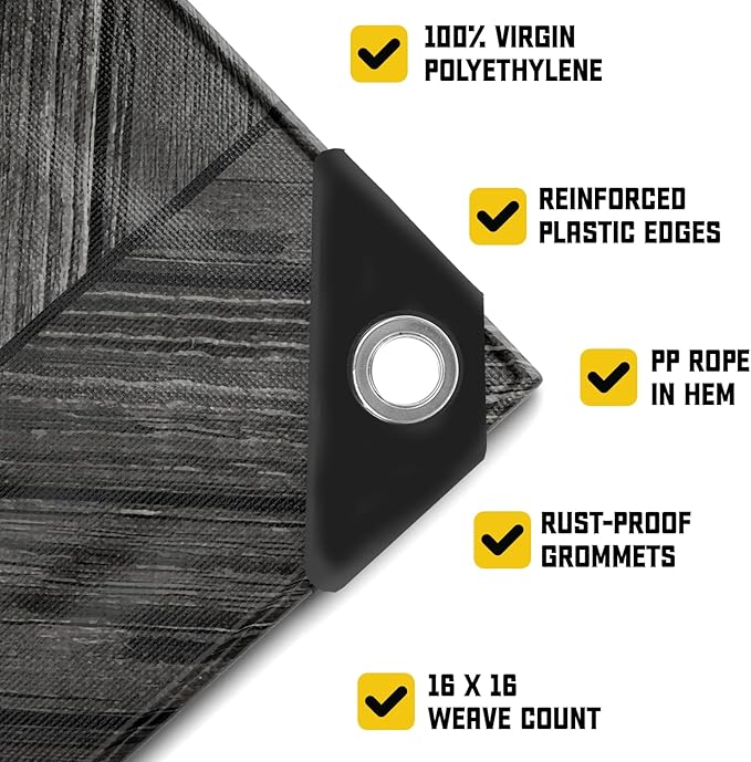 Core Tarps Extreme Heavy Duty 20 Mil Tarp Cover, Waterproof, UV Resistant, Rip and Tear Proof, Poly Tarpaulin with Reinforced Edges for Roof, Camping, Patio, Pool, Boat (Grey Wood/Black 12′ X 20′)