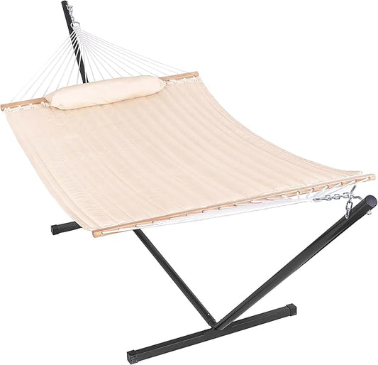 Lazy Daze Hammocks Quilted Fabric Hammock with 12 Feet Stand, 2 People Double Hammock with Stand for Outdoor Indoor Patio Garden Backyard, 450 lbs Capacity, Beige