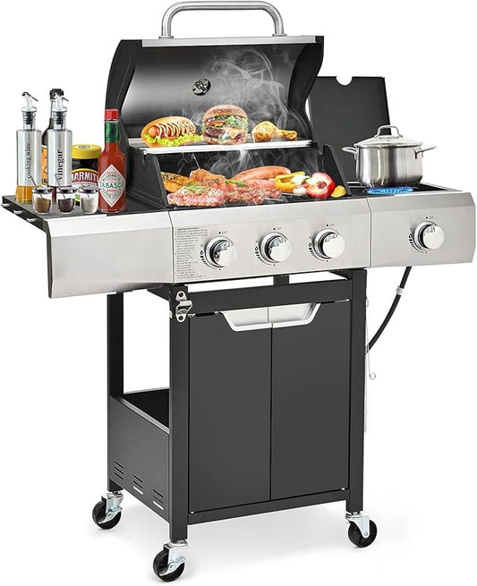 3-Burner BBQ Propane Gas Grill with Side Burner, 40,500 BTU Stainless Steel Patio Barbecue Grill with Storage Rack, Tool Hooks & Bottle Opener, for Camping, Outdoor Cooking (Style2)