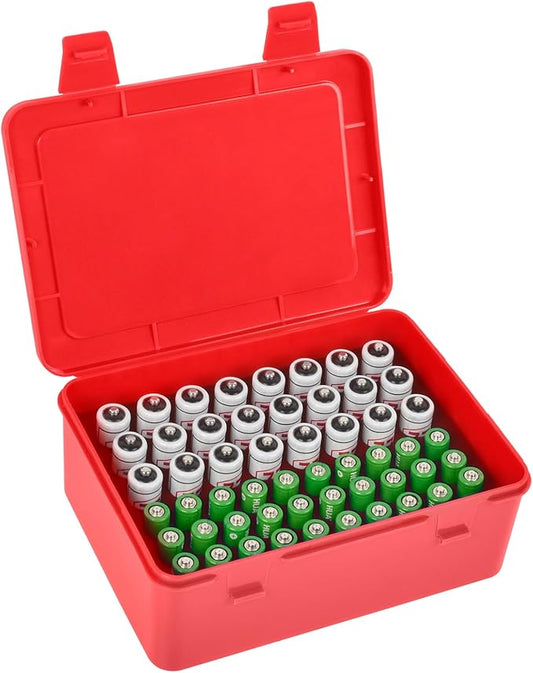 FULLCASE Battery Storage Organizer Holder Holds 54 AA AAA Batteries, Box Cases Garage Container, Home Drawer Organization Dispenser (Case Only) Red