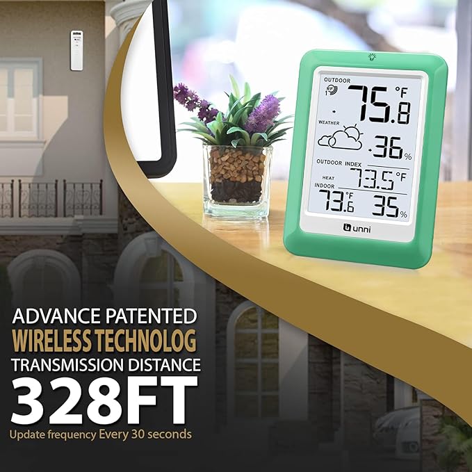 Indoor Outdoor Thermometer Wireless, Temperature Humidity Monitor Battery Powered Inside Outside Thermometers with 330ft Range Remote Sensor(Green)