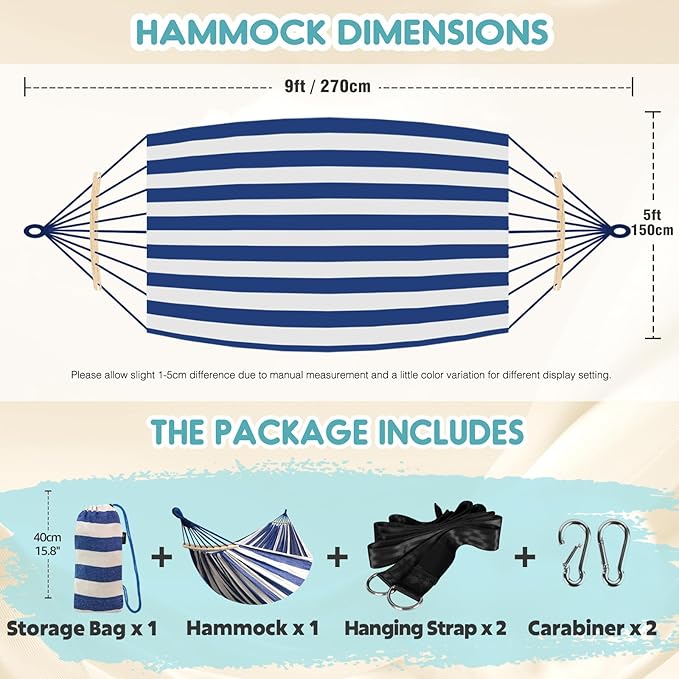 Anyoo Garden Cotton Hammock Comfortable Fabric Hammock with Spreader Bar Sturdy Hammocks Up to 450lbs Portable Lightweight Hammocks with Travel Bag for Camping Outdoor/Indoor Patio Backyard