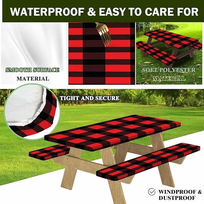 CAPSCEOLL Fitted Picnic Table Cover with Bench Covers with Elastic 8Ft Waterproof Picnic Table Cloths Windproof Outdoor Camping Tablecloth with Drawstring Bag, 96X30in, Black Red