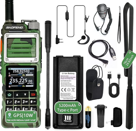 BAOFENG UV-25 PRO 10W Heavy Duty Radio Handheld Tri Band Baofeng Waterproof Radio Tri Band Ham Radios 999CH 5200MAh BatteryType-C Charging UHF VHF MW FM Air NOAA Multi-Band Receiver (Green)
