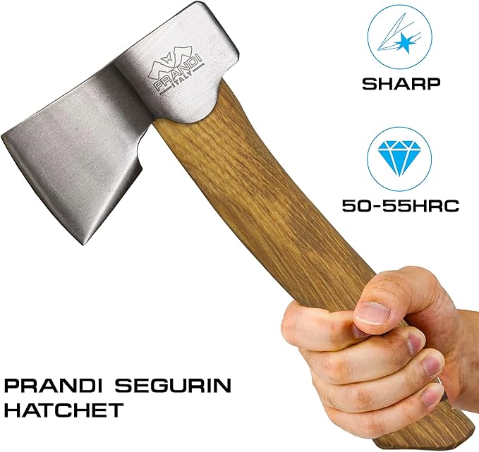 Prandi Axes Segurin C45 Forged Carbon Steel Hatchet - Hickory Handle with Leather String - Ideal for Camping, Travel and Bushcraft - S/N 3.059.04.CH - 11" L x 5.3" W, 400g Polished Head, No Sheath