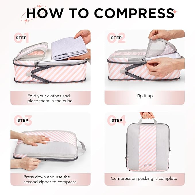 10 Set Compression Packing Cubes for Travel Essentials,Compressible Expandable Packing Cubes for Suitcase,OlarHike Luggage Organizer Bags for Travel,Handy Helper for Organizing Clothes(Pink Stripped)