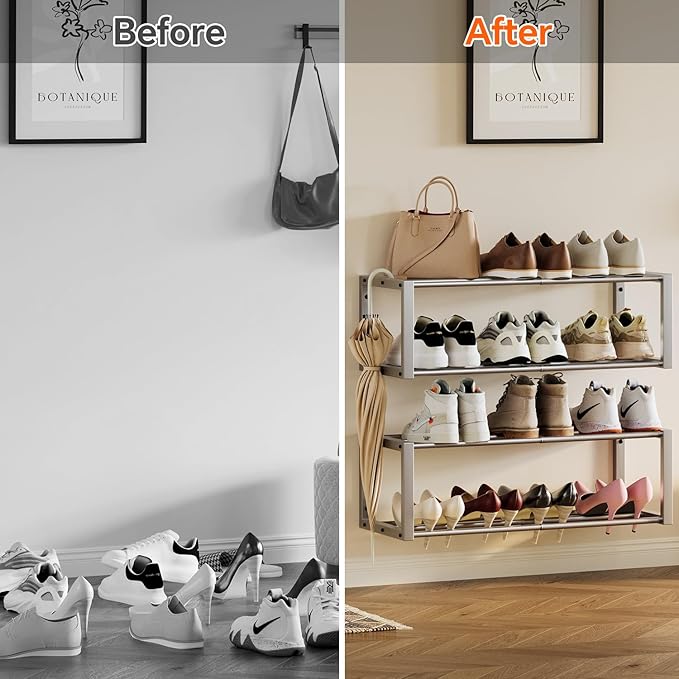 Homeiju Hanging Shoe Organizer,2 Pack Wall Mounted Shoe Rack Holds 12 Pairs,Space Saving Metal Wall Shoe Rack,Hanging Shoe Rack Shoe Holder for Small Space,Entryway,Closet,RV,Camper (Silver)