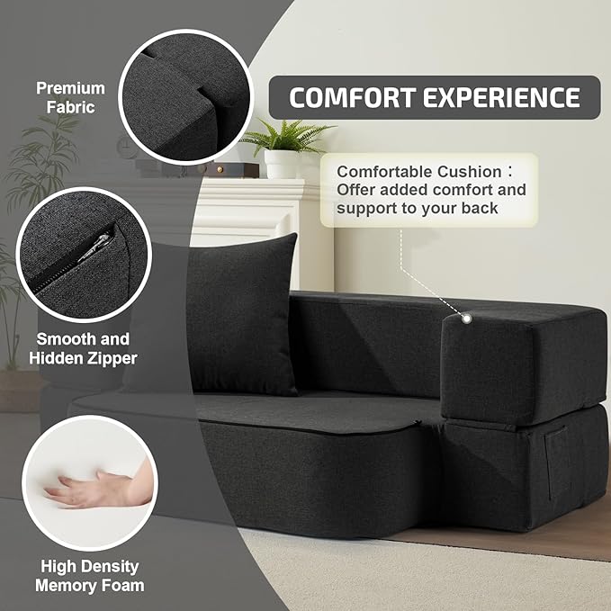 2-in-1 Folding Sofa Bed with Pillow - Folding Chair Floor Couch & Sleeping Mattress - Washable Cover & Memory Foam Sleeper Chair for Living Room/Guest Room/Apartment/Loft, Dark Gray