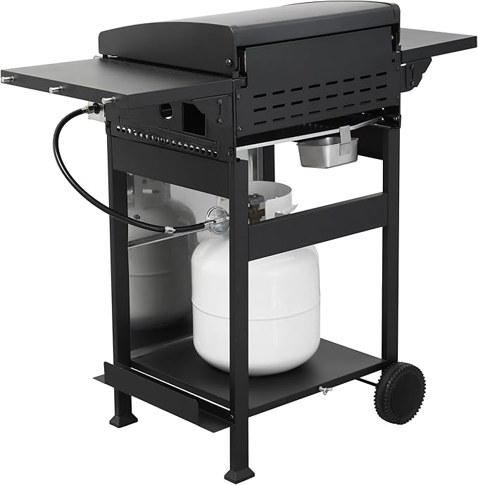 3-Burner Propane Gas BBQ Grill, SS Plancha, 36900BTU Output With Wire Enamel Cooking Grids For Outdoor Barbecue,Stainless Steel Foldable Side Table,Hanging Basket,Black Silver