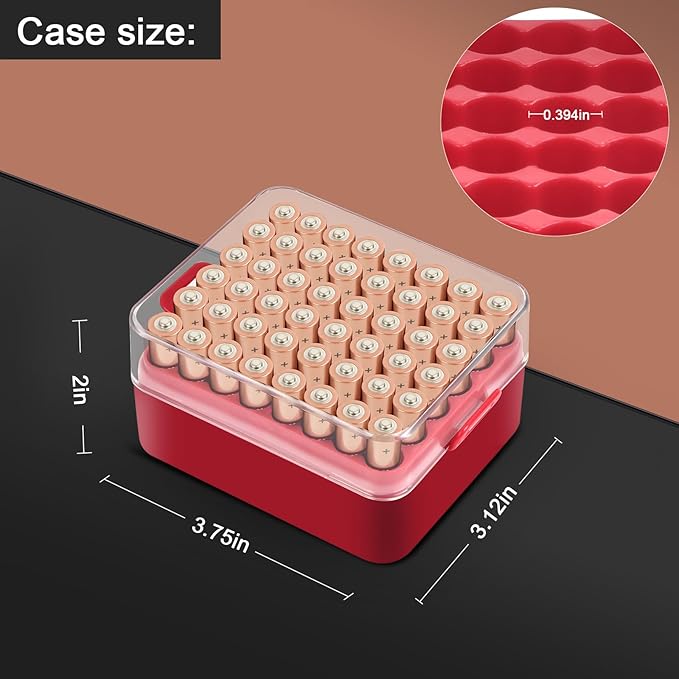 ALCYON Battery Organizer Storage Case, Battery Vault Box Container for 48pcs AAA Batteries, Plastic Clear Protective Battery Holder for Travelling/Home/Office (Red, Small)