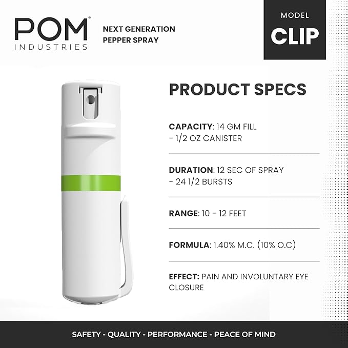 POM Pepper Spray Pocket Clip, Quick Flip Top Safety, Maximum Strength OC Formula with UV Marking Dye, Safe Compact and Tactical Design for Everyday Carry, 25 Bursts, 10 ft Range, 0.5 fl oz