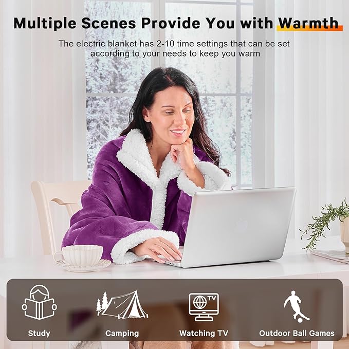 greenoak Wearable Heated Throw Blanket Electric Snuggle - Heated Robe with Foot Pocket for Adult, Winter Gifts for Mom Women 5-Position Timer 10-Heating Levels,50 * 70",Purple