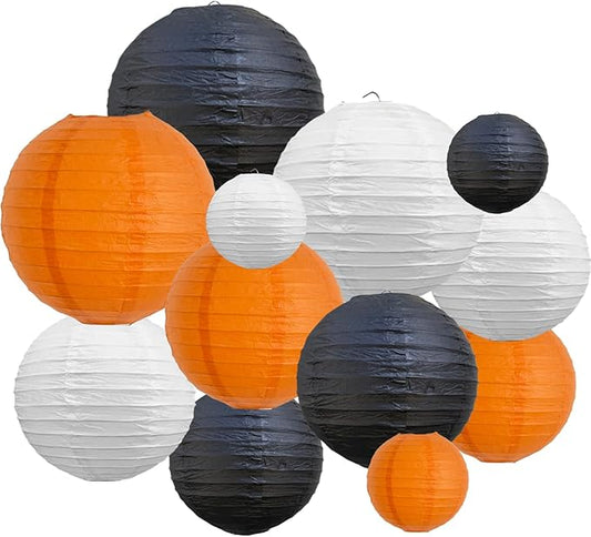 BEISHIDA 12Pcs Orange Black White Paper Lanterns Decorative Chinese/Japanese Hanging Round Paper Lanterns Lamp for Halloween，Birthday, Wedding, Christmas, Bridal,Home Decor, Party Decoration