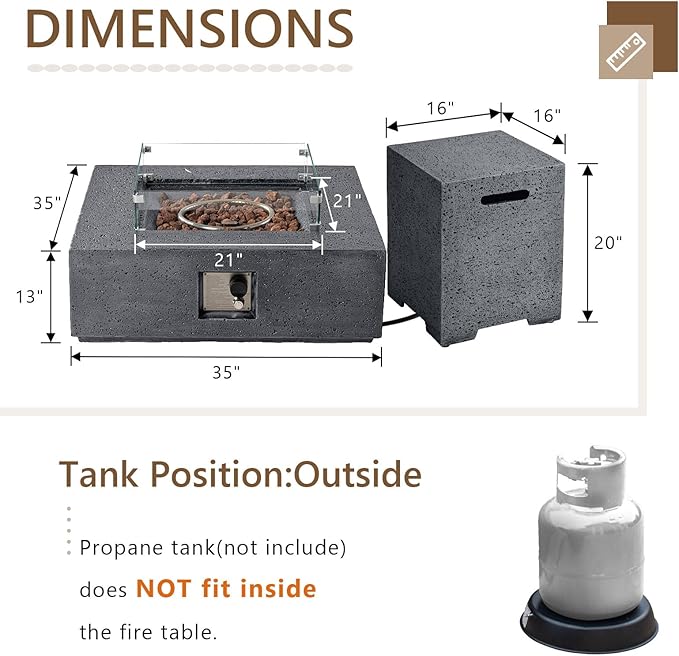 COSIEST Outdoor Propane Fire Pit Coffee Table w Square Faux Stone 35-inch Base, CSA Certified, 50,000 BTU Stainless Steel Burner, Free Lava Rocks and Rain Cover, Wind Guard, Tank Cover,Gray