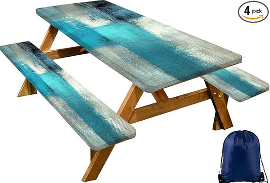 CAPSCEOLL Picnic Table Cover with Bench Covers Waterproof Fitted Camping Tablecloth All-Weather Outdoor Table Protector with Drawstring Bag for Camping Essentials, 72X30in, Blue White