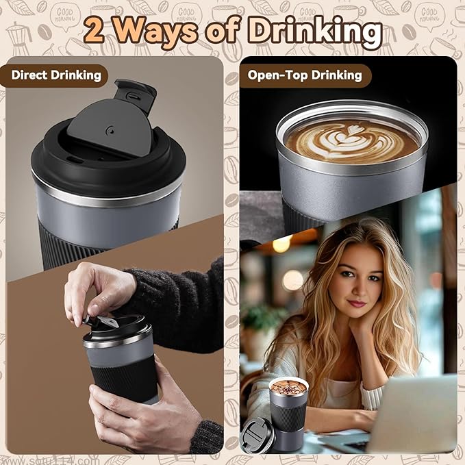 17OZ Travel Coffee Mug Insulated Coffee Cup with Spill Leak Proof Lid, Portable Stainless Steel Tumbler Reusable Hot and Cold Water Mug for Car, Daily, Camping- Gray