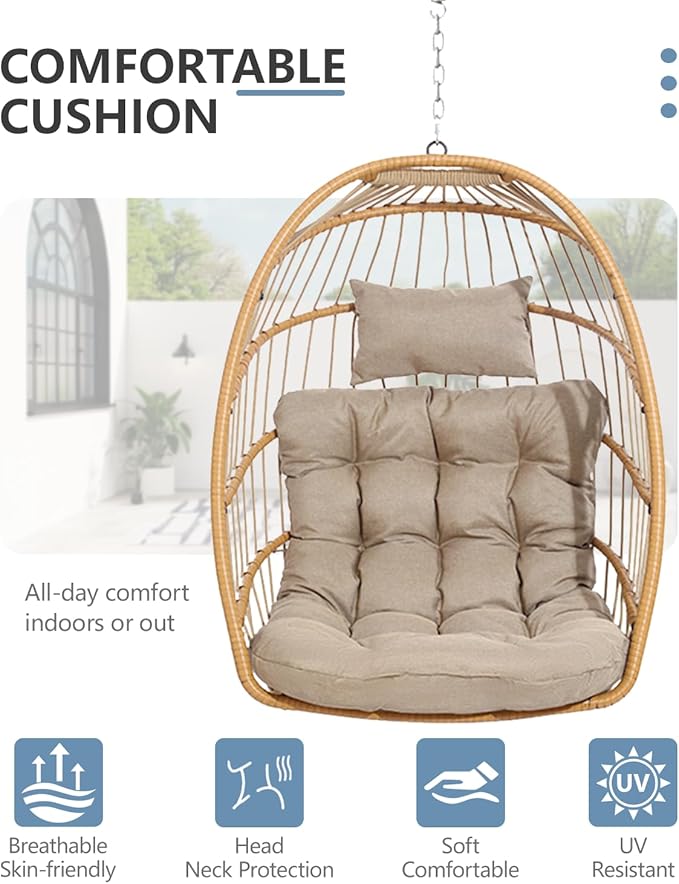 SWITTE Egg Chair Outdoor with Stand, Indoor Wicker Hanging Egg Swing Chair with Cushion, 350lbs Capacity for Patio, Bedroom, Garden - Cream