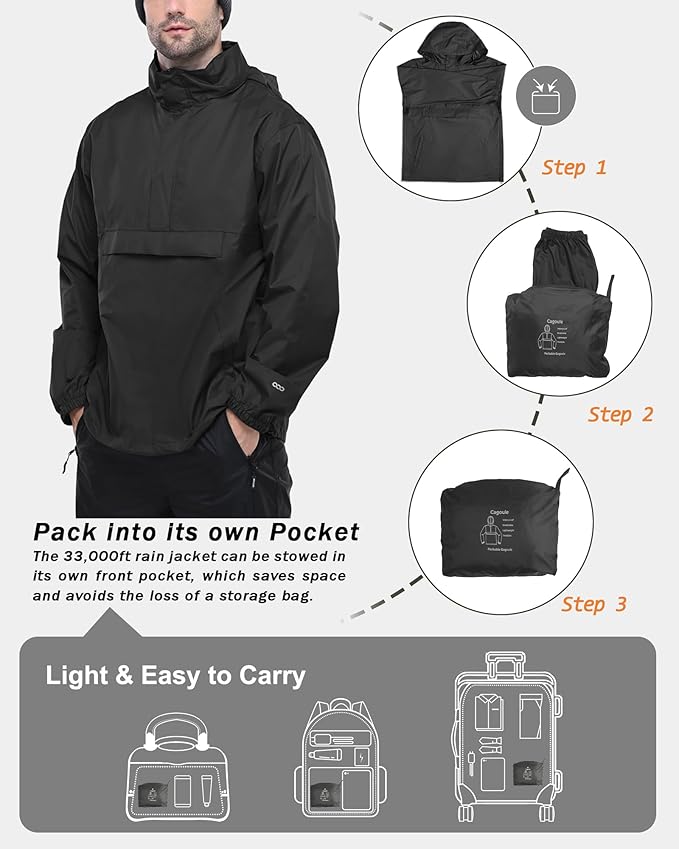 33,000ft Men's Pullover Rain Jacket Waterproof with Hood Lightweight Packable Raincoat Windbreaker for Golf Travel