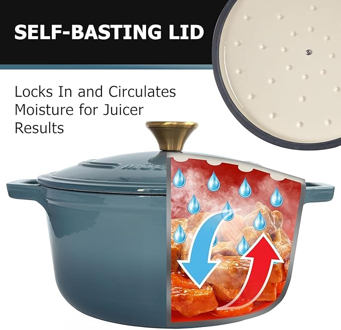 Cast Iron Pot Dutch Oven, Heavy-Duty, Oven-Safe up to 500° F & Across All Cooktops, Bread Pan with Lid & Knob, Cast Iron Cookware, Blue Kitchen Accessories, Mineral Blue