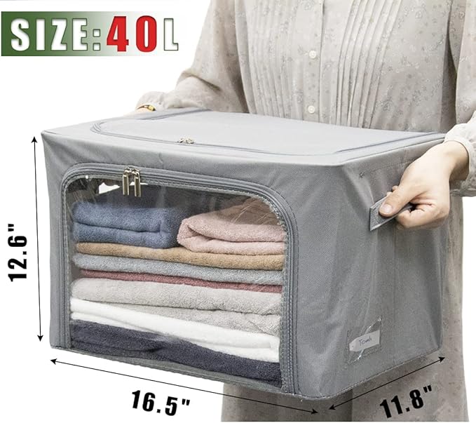 Clothes Storage Box Bins Stackable Foldable Organizer with Metal Frame for Clothing Bedding Shelves,Closet Container with Clear Window Zipper and Label Holder (Gray,Small-40L x3 Pack)