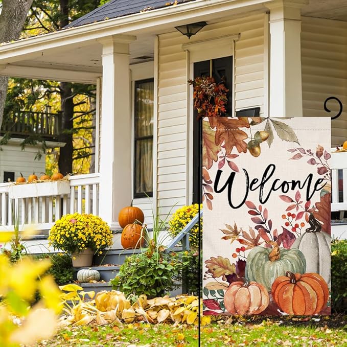 BLKWHT Fall Pumpkin Leaves Garden Flag 12x18 Vertical Double Sided Welcome Autumn Thanksgiving Holiday Outside Decorations Burlap Yard Flag BW823