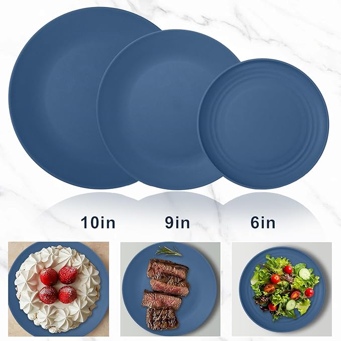 64-Piece Service for 8 Dinnerware Set - Unbreakable Wheat Straw Dinnerware sets of 64 - Dinner plates/Snack plates/Cereal bowls/Drinking Cups/Cutlery for Outdoor camping and indoors.Blue