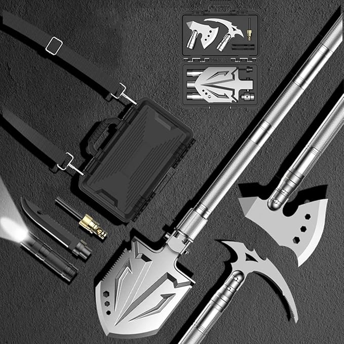 Survival Shovel Camping Tools Folding Portable Survival Gear Tactical Axe Multitool with Hard Carrying Case for Outdoor, Car Emergency, Camping Adventures