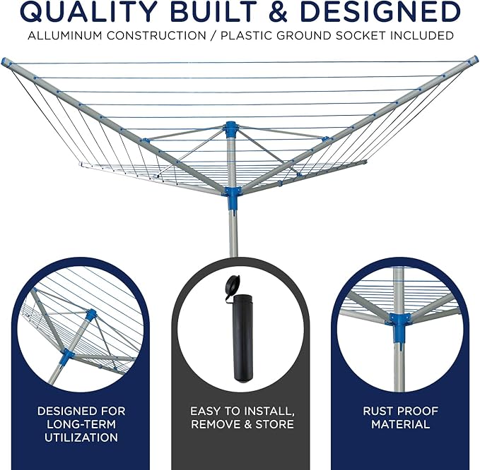 164 FT Umbrella Clothesline Outdoor - Clothes Line Outdoors Aluminum Frame with Ground Socket - Clotheslines for Outside Laundry Drying, Washing Line for Hanging Clothes, Sheets etc.