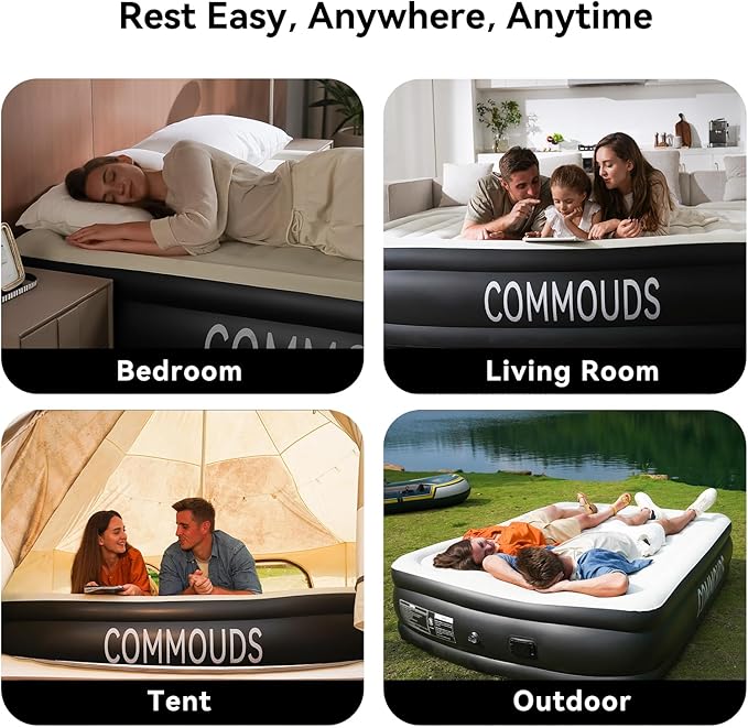 COMMOUDS Queen Air Mattress with 2000mAh Battery Powered Pump, 18" Raised Inflatable Mattress, Portable Blow up Mattress, Air Bed for Camping, Home and Guest