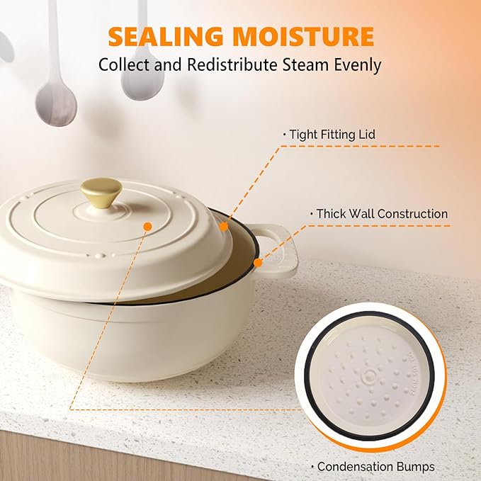 BONNLO 6QT Round Dutch Oven, Enameled Cast Iron Dutch Oven Pot with Lid & Dual Handles, Oven Safe Up to 500° F, for Sourdough, Bread Baking, Stews and Roasting (Cream)
