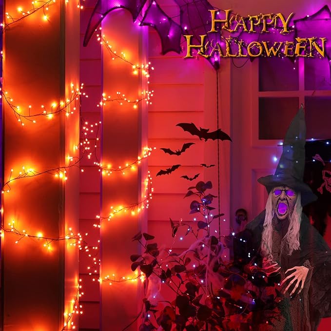Halloween Fairy Lights Plug in, 10Feet 200 LEDs Firecracker String Lights with Remote, Cluster String Lights for Ceiling Bedroom Wreath Garland Window Bar Haunted Theme Halloween Decoration, Orange