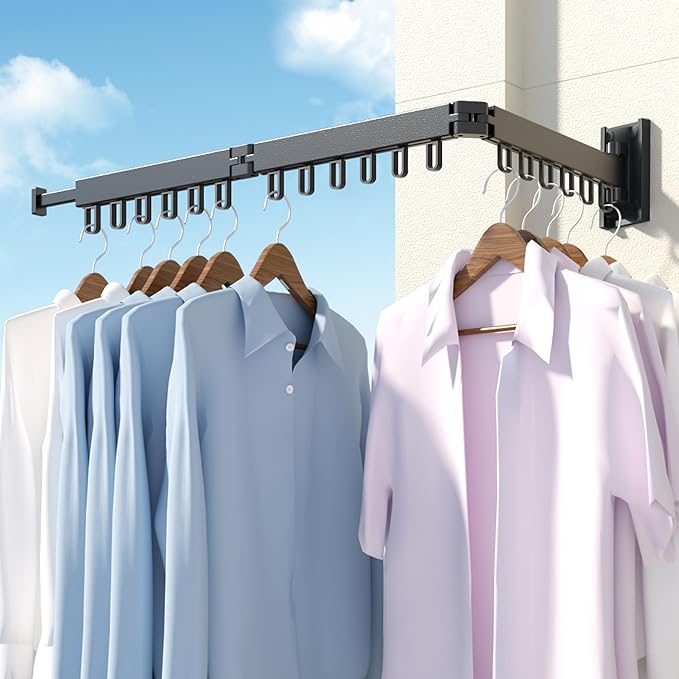 Clothes Drying Rack,Laundry Drying Rack,Wall Mounted Clothes Rack,Laundry Rack Wall Mount,Folding Retractable Collapsible Drying Rack Clothing (Three-Poles,Loop Shape Hooks)