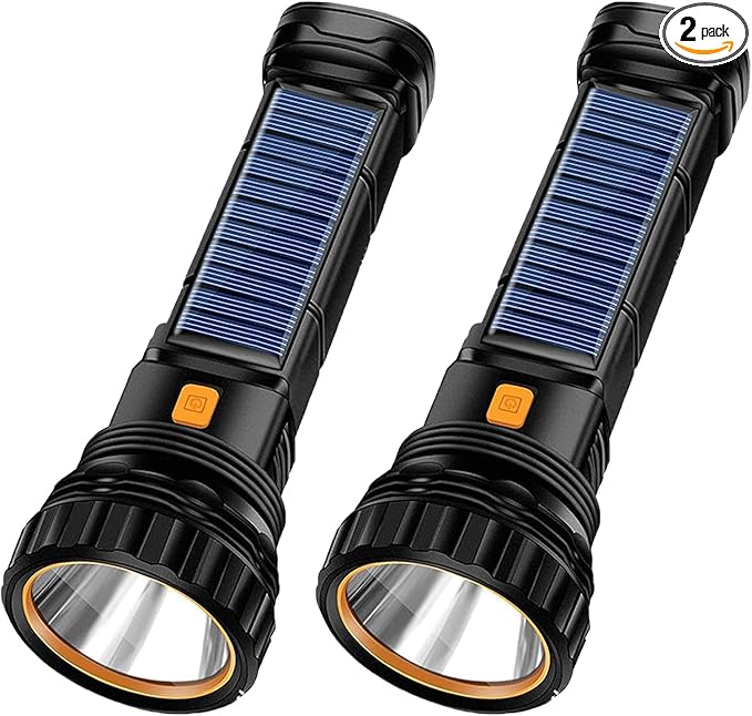2pcs Solar/Rechargeable Multi Function 1000 Lumens LED Flashlight, with Emergency Strobe Light and 1200 Mah Battery, Emergency Power Supply and USB Charging Cable, Fast Charging (2PC)