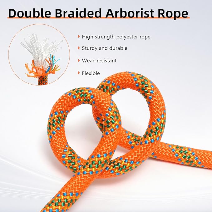 Climbing Rope, 1/2 Inch x 50 Feet Double Braided Arborist Rope Polyester for Outdoor, Climbing, Hiking, Swing, Tree Work, Halyard, Sailing etc(Orange)