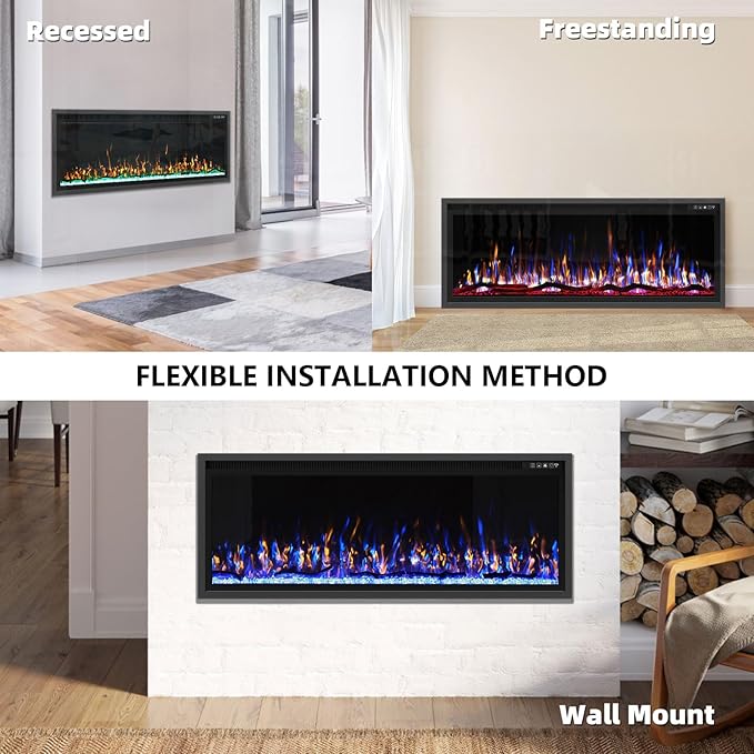 BREEZEHEAT 50 Inch Electric Fireplace-Recessed & Wall Mounted Linear Fireplace-750/1500W Heater w/Temperature Control, Log & Crystal Options, Adjustable Flame, Remote Control
