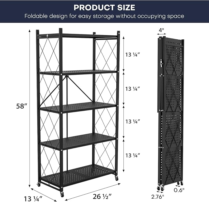 5-Tier Foldable Storage Shelf with Wheels - Metal Collapsible Shelving Unit Display, Rolling Cart for Books Kitchen Storage Shelves, Pantry & Closet Organizer, Office Room Decor - Black