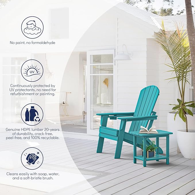 Folding Adirondack Chair, SGS Tested, Wooden Textured with Cup Holder, Heavy All-Weather HDPE Comfortable Set Poolside Backyard Lawn Aruba Blue