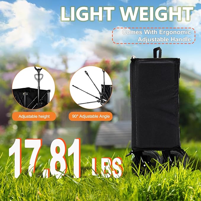 Collapsible Wagon Cart with Wheels Foldable, Folding Wagon Cart with All Terrain Wheels, Large Grocery Carts On Wheels, Heavy Duty Utility Wagons for Shopping Beach Sports Fishing Camping, 150L, Black