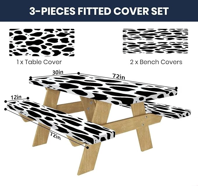 CAPSCEOLL Fitted Picnic Table Cover with Bench Covers with Elastic 6Ft Waterproof Camping Picnic Table Cover Cloths for Outdoors Camping Tablecloth with Drawstring Bag, 72X30in, Black White