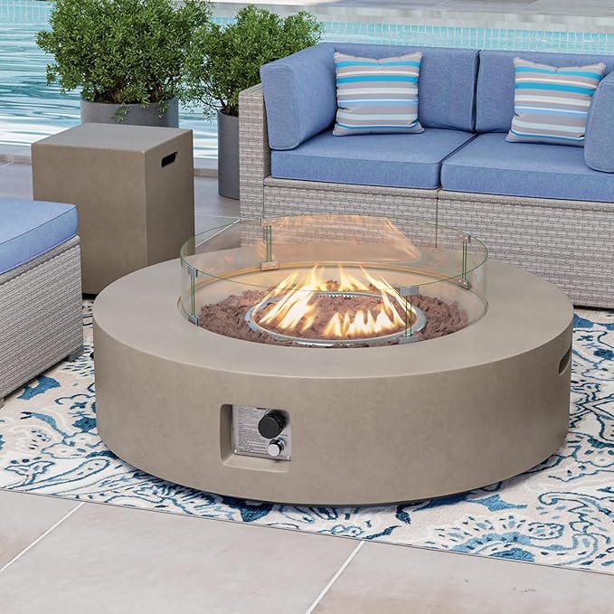 COSIEST 2-Piece Outdoor Propane Firepit Table Set w Tank Table, CSA Certified 42" Fire Table CSA Certified, 50,000 BTU w Gray Round Base,Wind Guard and 16 inches Tank Side Table 20lb for Garden,Pool