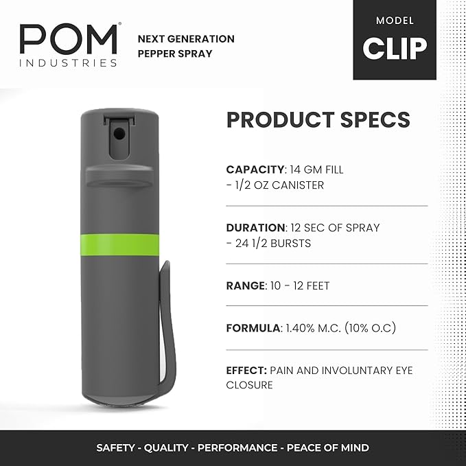 POM Pepper Spray Combo Pack, Keychain & Clip Model, Max Police Strength OC Formula, Quick Key Release, Flip Top Safety, 10 ft Range, 25 Bursts, 0.5 fl oz, Compact Tactical Design for Everyday Carry
