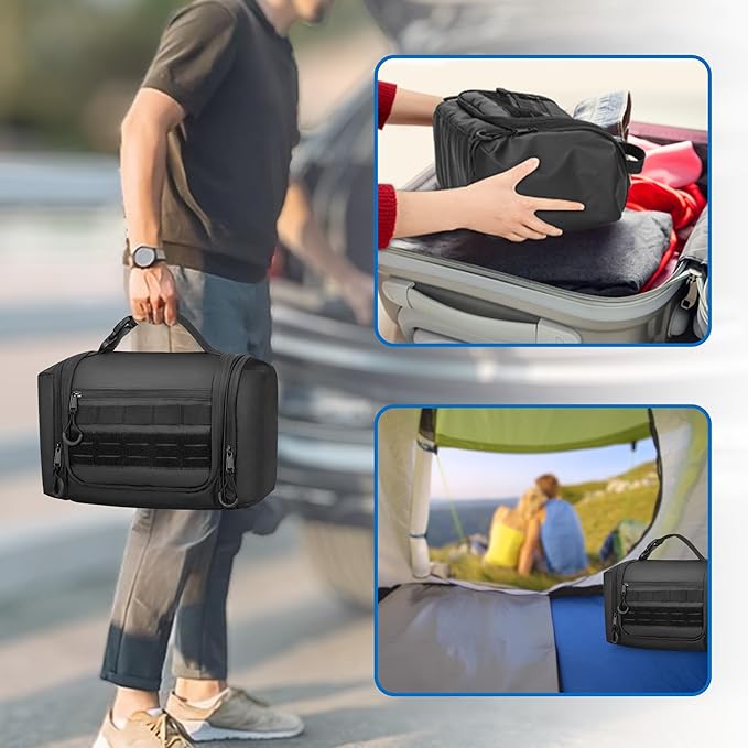 Hanging Toiletry Bag for Men, Tactical Dopp Kit Toiletry Travel Bag, Large Hygiene Organizer Shower Bag for Camping Outdoor, Black