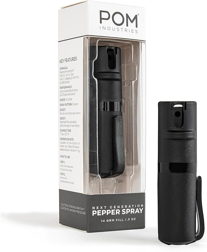 POM Pepper Spray Pocket Clip, Quick Flip Top Safety, Maximum Strength OC Formula with UV Marking Dye, Safe Compact and Tactical Design for Everyday Carry, 25 Bursts, 10 ft Range, 0.5 fl oz
