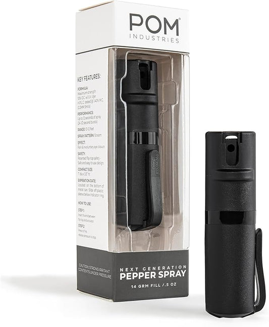POM Pepper Spray Pocket Clip, Quick Flip Top Safety, Maximum Strength OC Formula with UV Marking Dye, Safe Compact and Tactical Design for Everyday Carry, 25 Bursts, 10 ft Range, 0.5 fl oz
