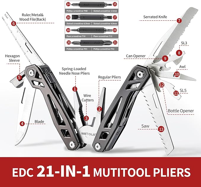 Gifts for Men Him Dad, WETOLS 21-in-1 Multitools with Pocket Knife, Stainless Steel Self-locking Pliers with 8 Screwdriver Bits, Multi Tool Camping Gear, EDC Knife with Pouch for Outdoor Survival