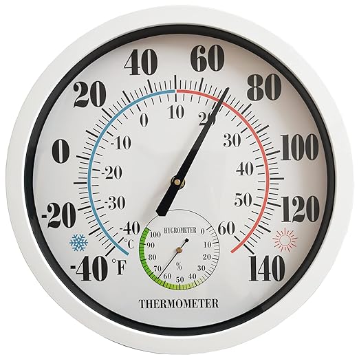Indoor Outdoor Thermometer Large Numbers 12 Inch Wall Weather Thermometer Hanging Garden Decor Hygrometer No Battery Needed (White)