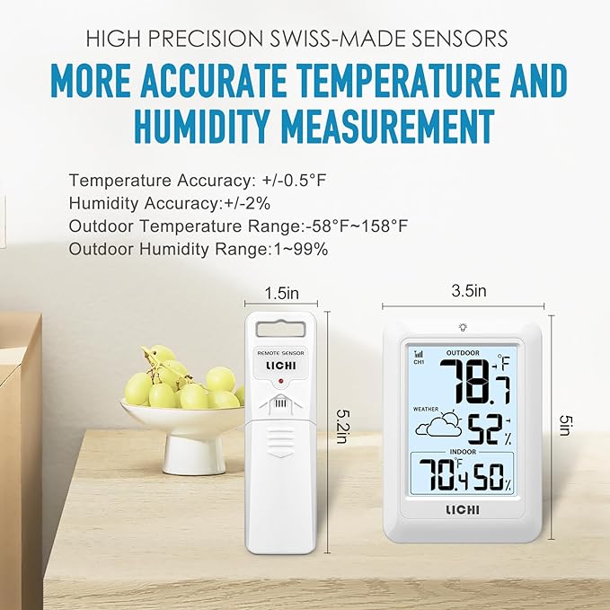Indoor Outdoor Thermometer Wireless Weather Station, Internal External Thermometer Hygrometer, Home Batteryoperated Temperature Humiditymonitors330 Feet (About 100 Meters) Backlight Display (White)